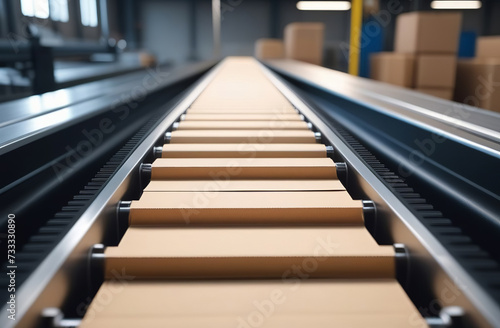 Cardboard boxes on conveyor belt in distribution warehouse. Paper products and goods storehouse with boxes