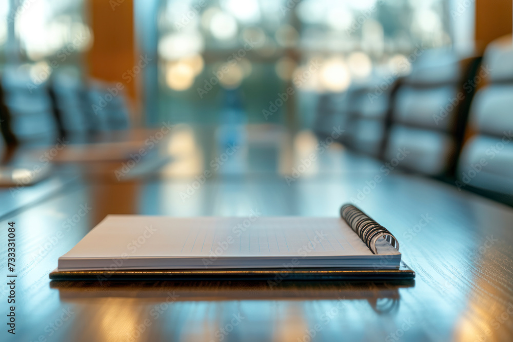 Closeup of notepad for agenda kept on table in empty corporate conference room. Closeup of notepad for agenda kept on table in empty corporate conference room.