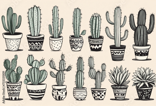 Hand drawn cactus plant doodle set. Vintage style cartoon cacti houseplant illustration collection. Isolated element of nature desert flora, mexican garden bundle. Natural interior graphic decoration. © Random_Mentalist
