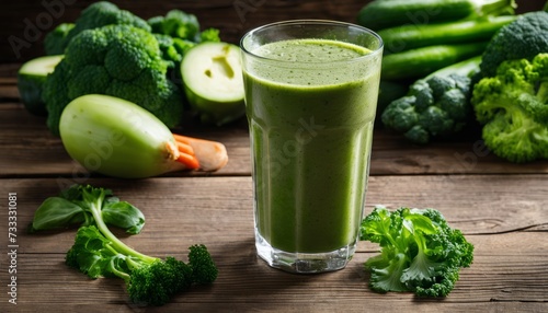 A glass of green smoothie with broccoli and cucumber