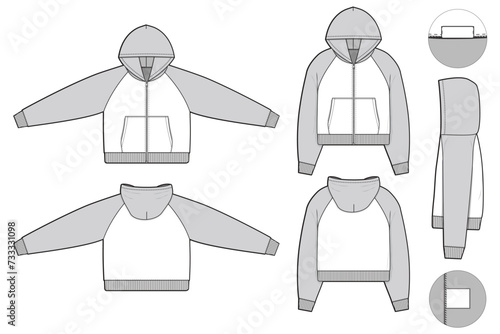 zip raglan hoodie sweatshirt flat technical drawing illustration mock-up template for design and tech packs men or unisex fashion CAD streetwear slim fit