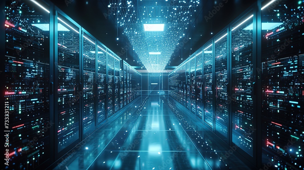 A futuristic corridor inside a data center with servers on both sides and floating light particles creating a cybernetic ambiance. A futuristic corridor inside a data center with servers on both sides and floating light particles creating a cybernetic ambiance.