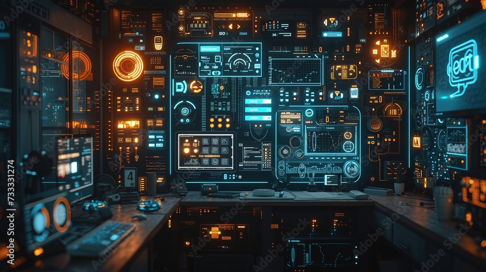 A state-of-the-art control room featuring an array of screens with futuristic user interface designs, glowing with neon blue lights. A state-of-the-art control room featuring an array of screens with futuristic user interface designs, glowing with neon blue lights.