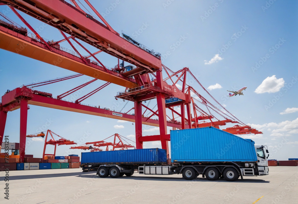 Global business logistic and transportation import export goods. Container cargo freight ship at international port. Cargo plane flying above truck shipping container. 