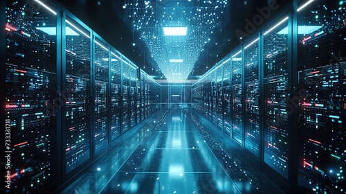 A futuristic corridor inside a data center with servers on both sides and floating light particles creating a cybernetic ambiance.