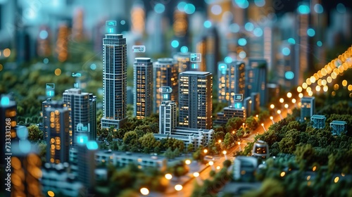 A miniature scale model of a city with highlighted digital integrations, symbolizing smart urban infrastructure and connectivity.