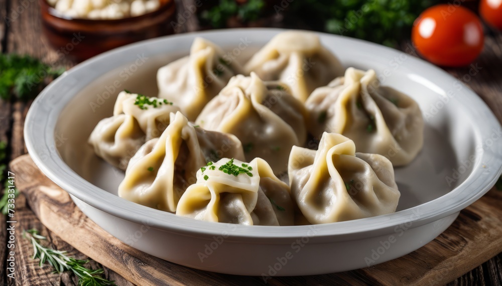 A white plate of dumplings with green herbs on top