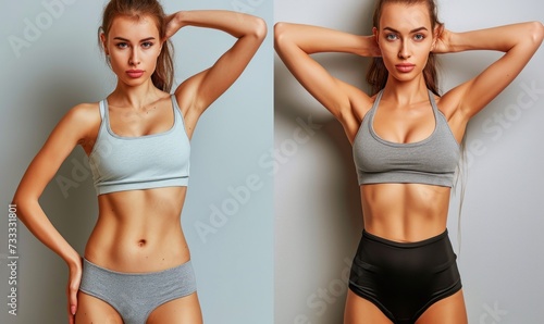 Girls posing before and after. Diet and healthy weight loss training.