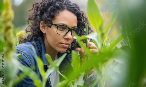 Woman analysis of green ecology plantation. Agriculture scientist researching in greenhouse.