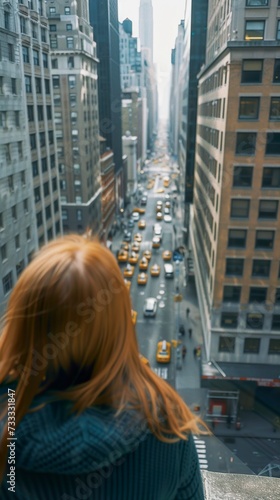 A photo taken from above of a woman overlooking the busy New York street from a skyscraper. Vintage image of the bustling and energetic urban landscape of the metropolis.