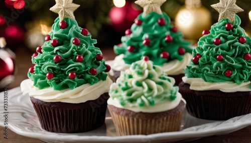 Three green cupcakes with red berries on top