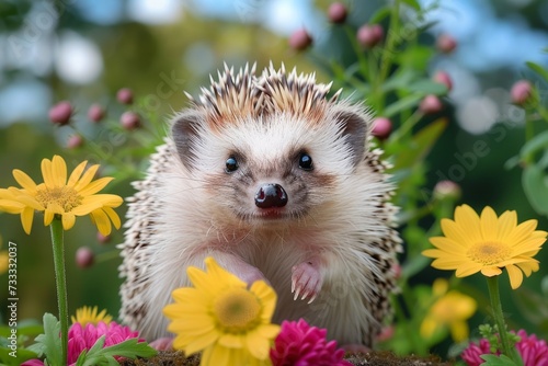 A curious hedgehog explores a colorful garden, surrounded by vibrant flowers and basking in the warm outdoor sun, while pollen and petals dance in the air, showcasing the beauty of wildlife in nature