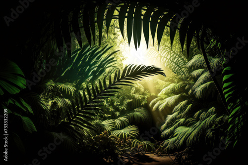 Beautiful fresh green background with jungle. Background with palm trees, fern, lianas. Generated by AI.