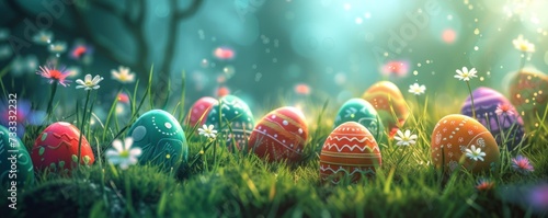 Colorful easter egg in spring grass. photo