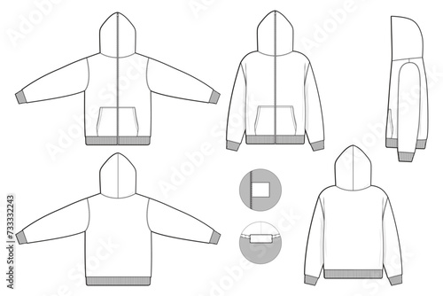 full zip hoodie sweatshirt flat technical drawing illustration mock-up template for design and tech packs men or unisex fashion CAD streetwear slim fit
