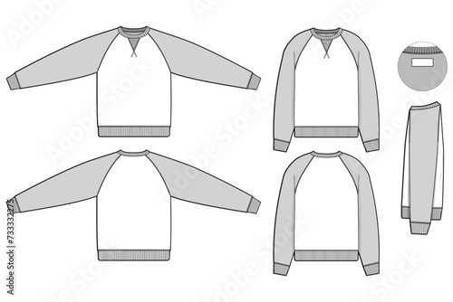 Pullover raglan crewneck sweatshirt flat technical drawing illustration mock-up template for design and tech packs men or unisex fashion CAD streetwear slim fit