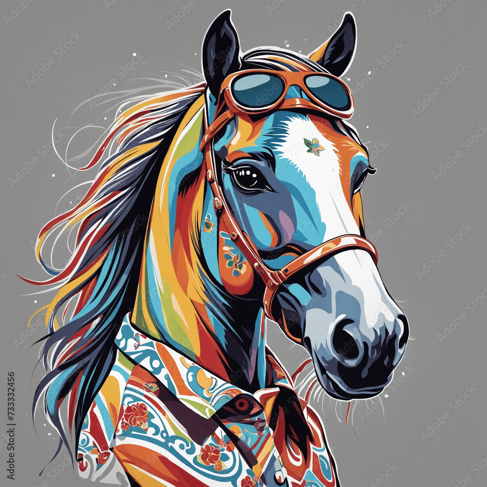 Beautiful Colorful Graffiti Artwork of a Funny Horse Wearing a Shirt and Sunglasses. Ultra detailed, Printable design for t-shirts, Illustrations, vector design.