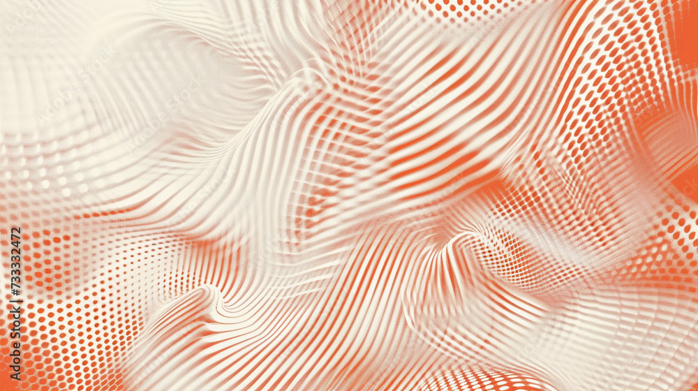 Coral color background made of halftone dots and curved lines 