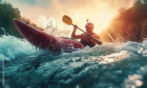 Man in kayak sails on a mountain rage river. © Daniela