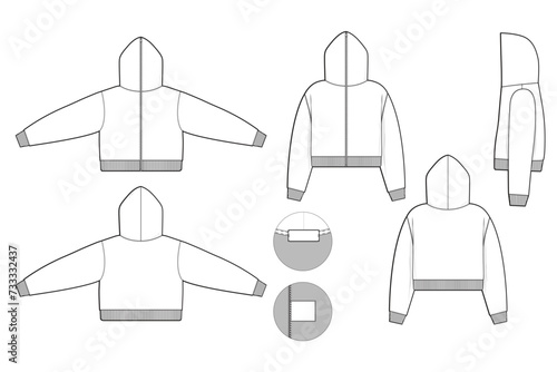 cropped full zip hoodie sweatshirt flat technical drawing illustration mock-up template for design and tech packs men or unisex fashion CAD streetwear slim fit