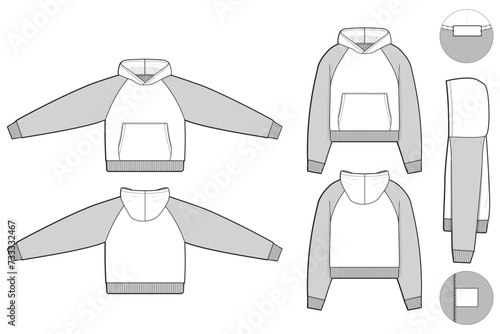 cropped raglan hoodie sweatshirt flat technical drawing illustration mock-up template for design and tech packs men or unisex fashion CAD streetwear slim fit
