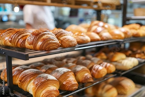 A mouth-watering display of freshly baked pastries, from flaky croissants to soft bread rolls, temptingly lines the shelves of a cozy bakery, promising a delectable snack for any gluten-loving foodie
