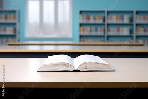 open textbook on desk in the library of school, isolated, behind window photo