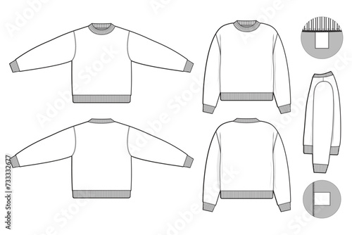 Pullover crewneck sweatshirt flat technical drawing illustration mock-up template for design and tech packs men or unisex fashion CAD streetwear slim fit