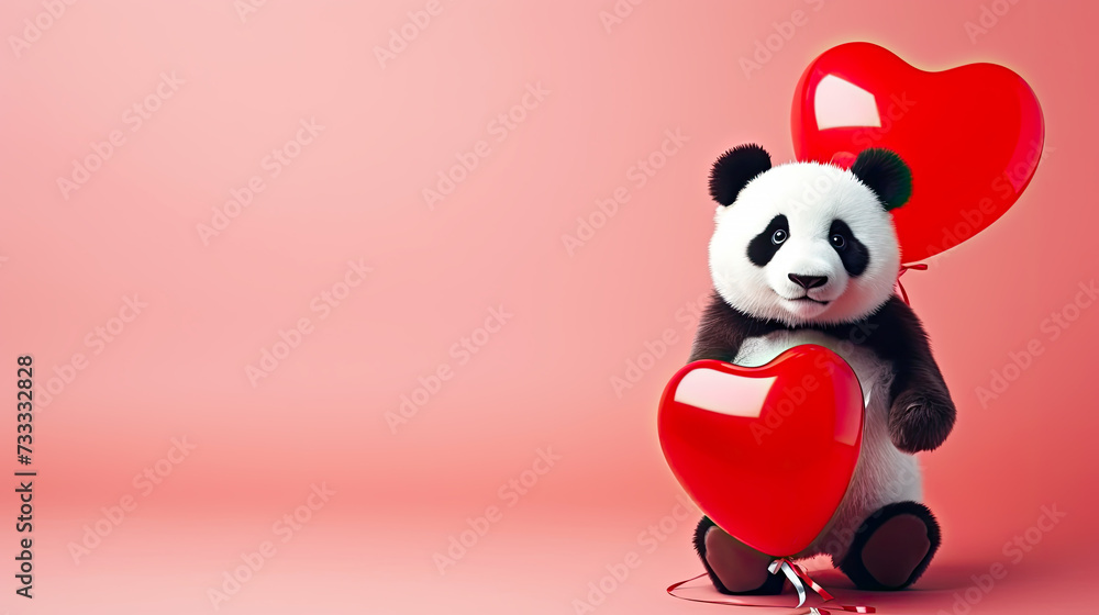 A cute panda holding a heart-shaped balloon, heart shaped balloons in the background. An adorable panda surrounded by symbols of love. Valentine’s Day holiday, Women's Day design concept. A cute panda holding a heart-shaped balloon, heart shaped balloons in the background. An adorable panda surrounded by symbols of love. Valentine’s Day holiday, Women's Day design concept.