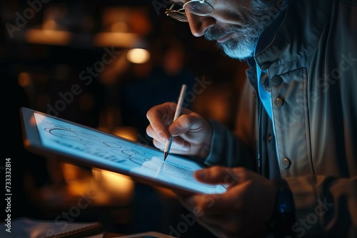 A determined man with glasses precisely manipulates a stylus on his tablet, crafting digital art with the same finesse as a tailor wielding scissors on fabric