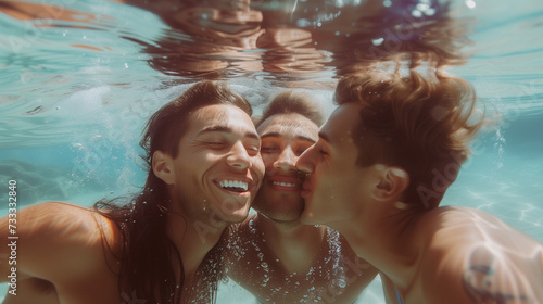A Triad of Young Polyamorous men kissing underwater