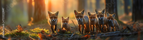 Foxes standing in the forest with setting sun shining. Group of wild animals in nature. Horizontal, banner.