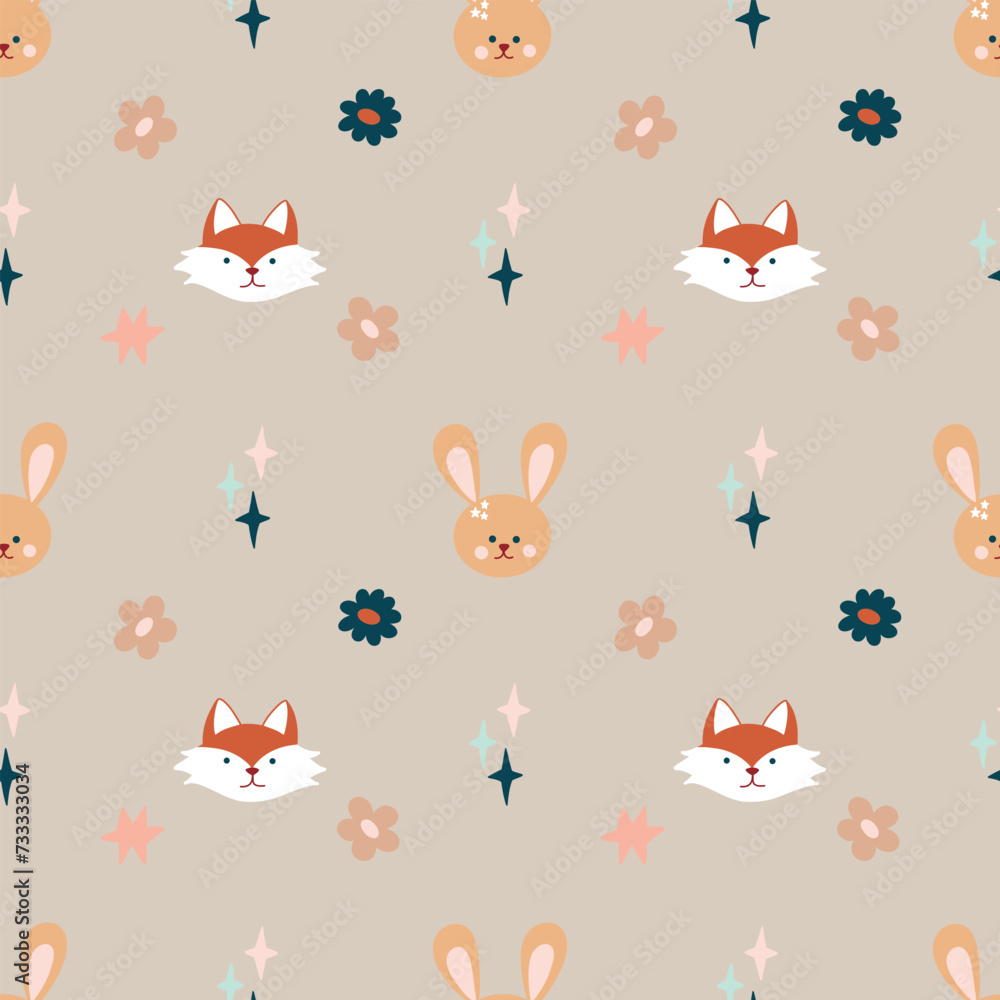 Cute bohemian baby seamless pattern with cute fox, rabbit in boho style in warm pastel colors. Cute bohemian baby seamless pattern with cute fox, rabbit in boho style in warm pastel colors.