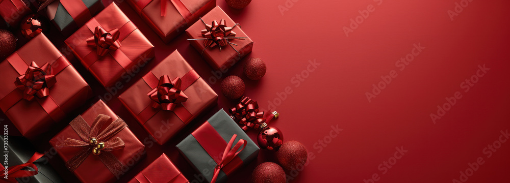 A beautifully curated layout of a red Christmas present surrounded by matching red ornaments and pine branches on a red background.
