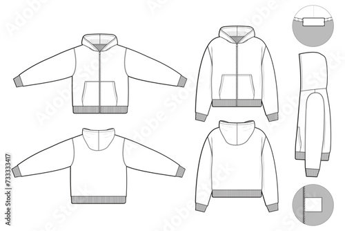 cropped zip hoodie sweatshirt flat technical drawing illustration mock-up template for design and tech packs men or unisex fashion CAD streetwear slim fit