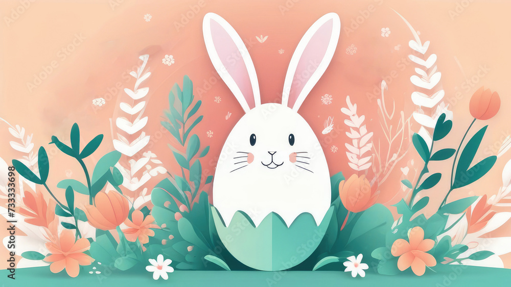 Illustration of an egg with a bunny face and ears, surrounding greenery and flowers in pastel colors. Advertising banner concept, invitations for Easter, Spring Day. Copy space Illustration of an egg with a bunny face and ears, surrounding greenery and flowers in pastel colors. Advertising banner concept, invitations for Easter, Spring Day. Copy space
