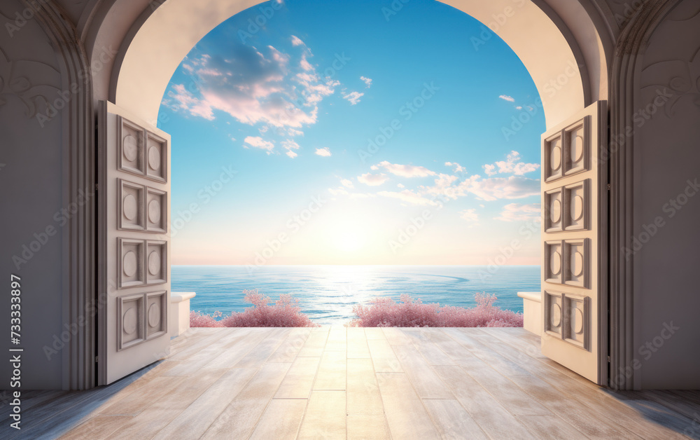 Open traditional wooden doors leading to a bright and serene Mediterranean seascape, symbolizing new beginnings, opportunities, and a peaceful retreat