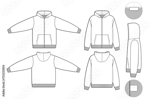 zip hoodie sweatshirt flat technical drawing illustration mock-up template for design and tech packs men or unisex fashion CAD streetwear slim fit