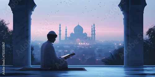 Tableau sur toile Muslim man holding Quran with view of mosque and Eid ul Adha Mubarak day backgro
