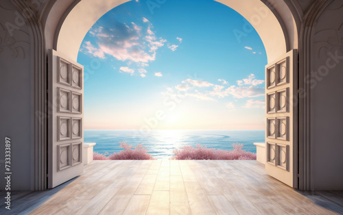 Open traditional wooden doors leading to a bright and serene Mediterranean seascape  symbolizing new beginnings  opportunities  and a peaceful retreat