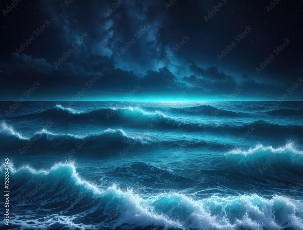 Night fantasy seascape with beautiful waves and foam Night view of the ocean Neon foam on water waves Reflection in the water of the starry sky 3D illustration 