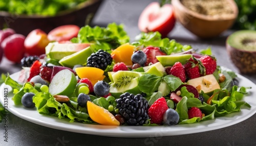 A plate of fresh fruit salad with strawberries, blueberries, kiwi, and avocado