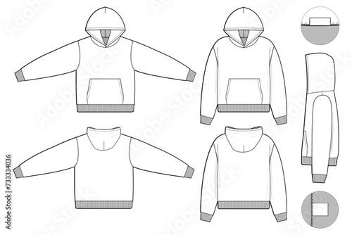 cropped hoodie sweatshirt flat technical drawing illustration mock-up template for design and tech packs men or unisex fashion CAD streetwear slim fit