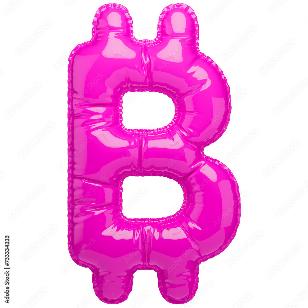 Bitcoin sign in the shape of a balloon, isolated on a transparent background. An inflatable balloon of bright pink color with a glossy texture. Bitcoin sign in the shape of a balloon, isolated on a transparent background. An inflatable balloon of bright pink color with a glossy texture.