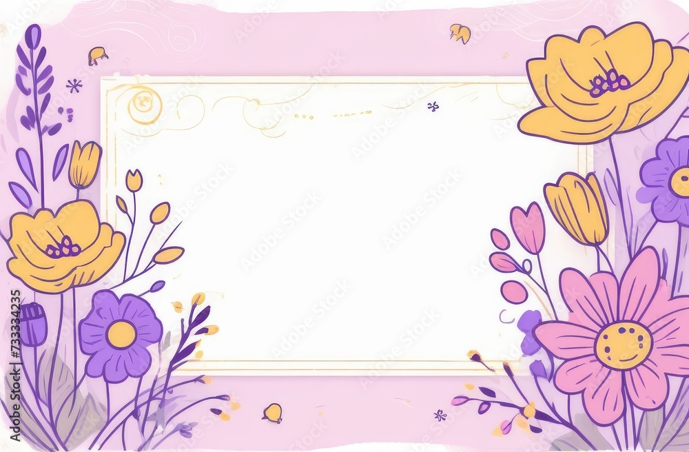 Postcard of flowers in watercolor style. In the center is a free space for copying. Frame on lilac background, flowers in pastel colors around. Invitation Mother's day, valentine's day, wedding day