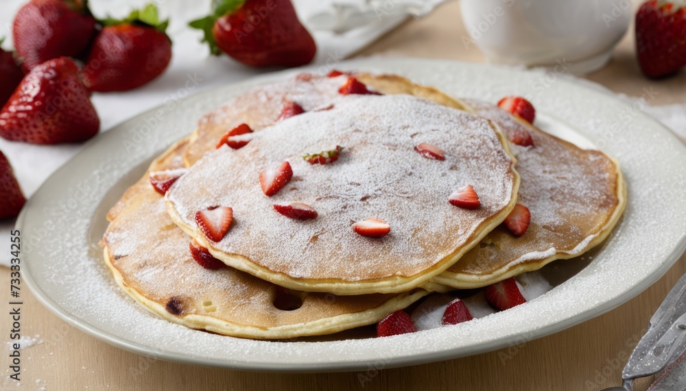 A plate of pancakes with strawberries and powdered sugar A plate of pancakes with strawberries and powdered sugar