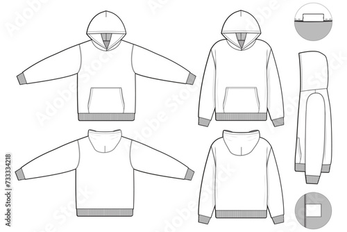 hoodie sweatshirt flat technical drawing illustration mock-up template for design and tech packs men or unisex fashion CAD streetwear slim fit