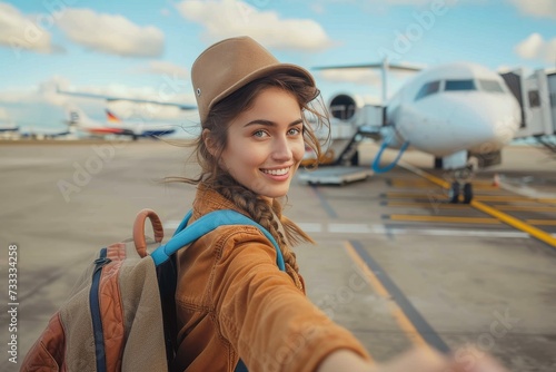 A stylish woman confidently captures her love for travel, with a bright smile and fashionable hat, in a playful selfie against the backdrop of a sleek airplane and endless sky