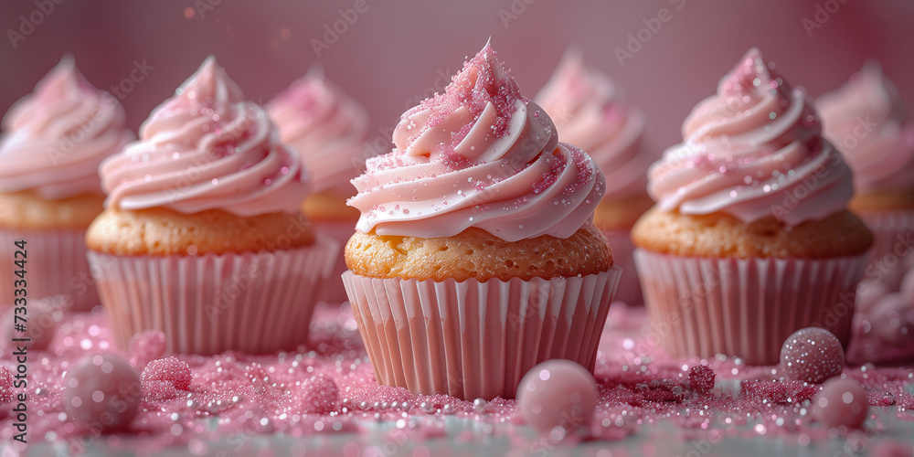 Wunderschöne leckere pink Cupcake mit bunten Streusel dekoriert Nahaufnahme im Querformat für Banner, ai generativ