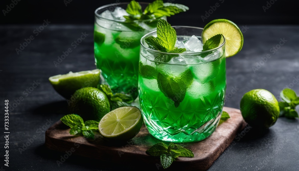 Two green drinks with lime and mint on a table Two green drinks with lime and mint on a table